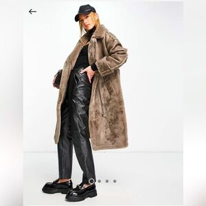 NWT VILA faux fur leather brown stone long line coat AMAZING 🤤 Yellowstone chic